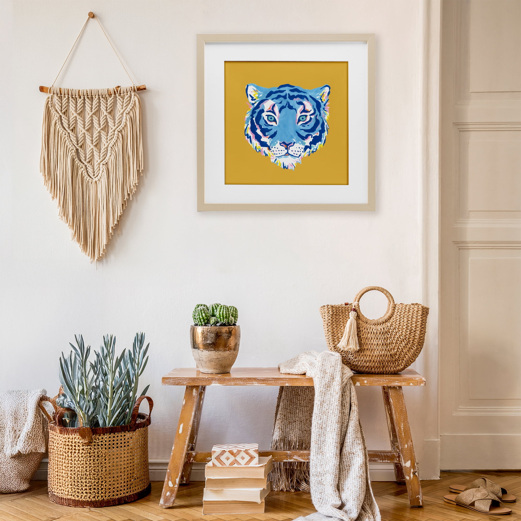 Stupell Industries Blue Tiger over Yellow Birch Framed Print Under Glass, design by Karolina Sato