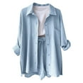 thumbnail image 5 of Daznico Women's Casual Solid Color Button Down Slit Long Sleeve Pocket Shirt High Waist Drawstring Shorts Set,Size L, 5 of 5