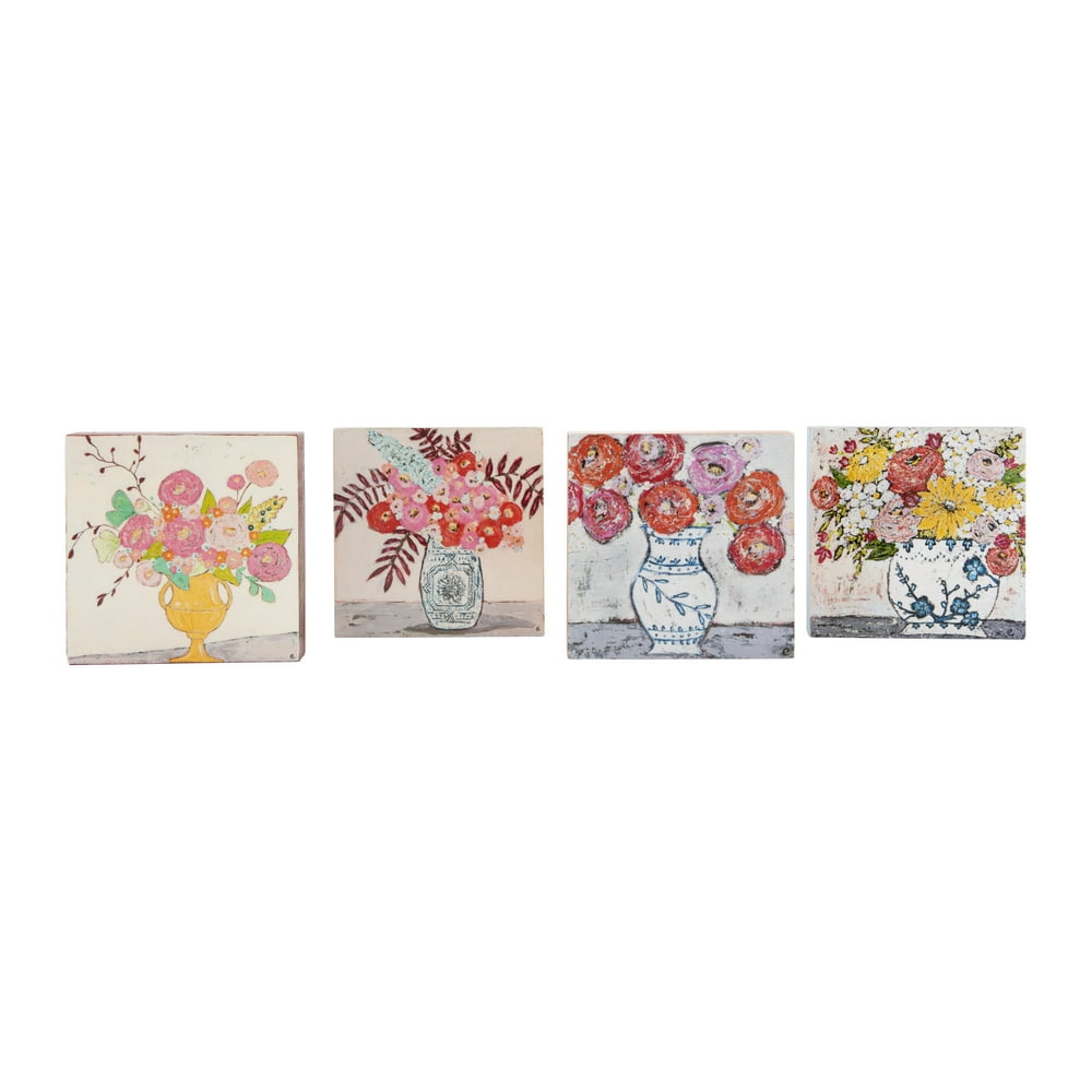 Creative CoOp Flowers in Vase Square Wood Block Wall DÃ Ã Â©cor (Set of 4 Designs) Walmart