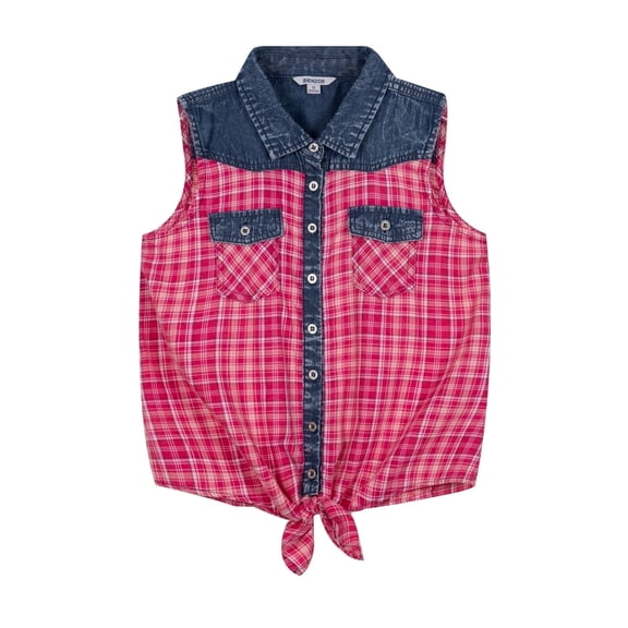 Bienzoe Girl's Plaid Denim Sleeveless Blouse Casual Tank Tops Hot Pink 10