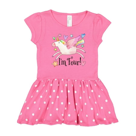 

Inktastic I m 4 Cute Rainbow Unicorn with Stars and Hearts Gift Toddler Girl Dress
