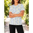 thumbnail image 5 of Women's All-Over Print Watercolor Blue Yellow T-Shirt Short Sleeve Crewneck Casual Summer Tee Tops, 5 of 6