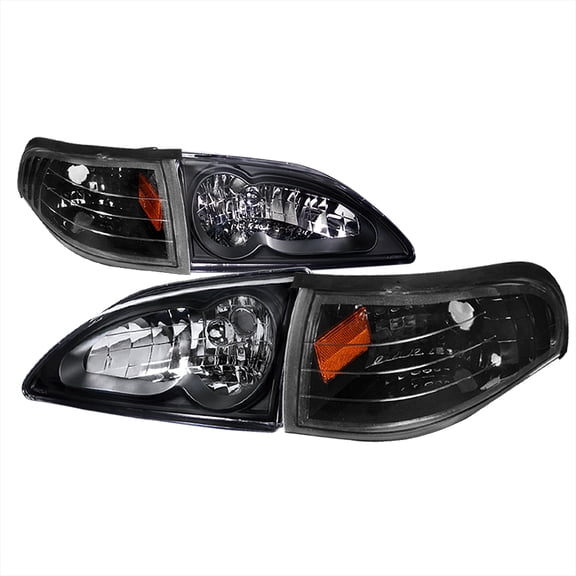 Crystal Clear Headlights and Corner Lights w/ Amber Reflectors (Black Housing/Clear Lens) Made for and Compatible with 1994-1998 Ford Mustang