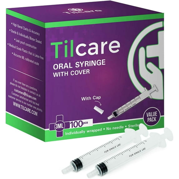 3ml Oral Dispenser Syringe with Cover 100 Pack by Tilcare - Sterile Plastic Medicine Droppers for Children, Pets & Adults – Latex-Free Medication Syringe Without Needle - Syringes for Glue and Epoxy
