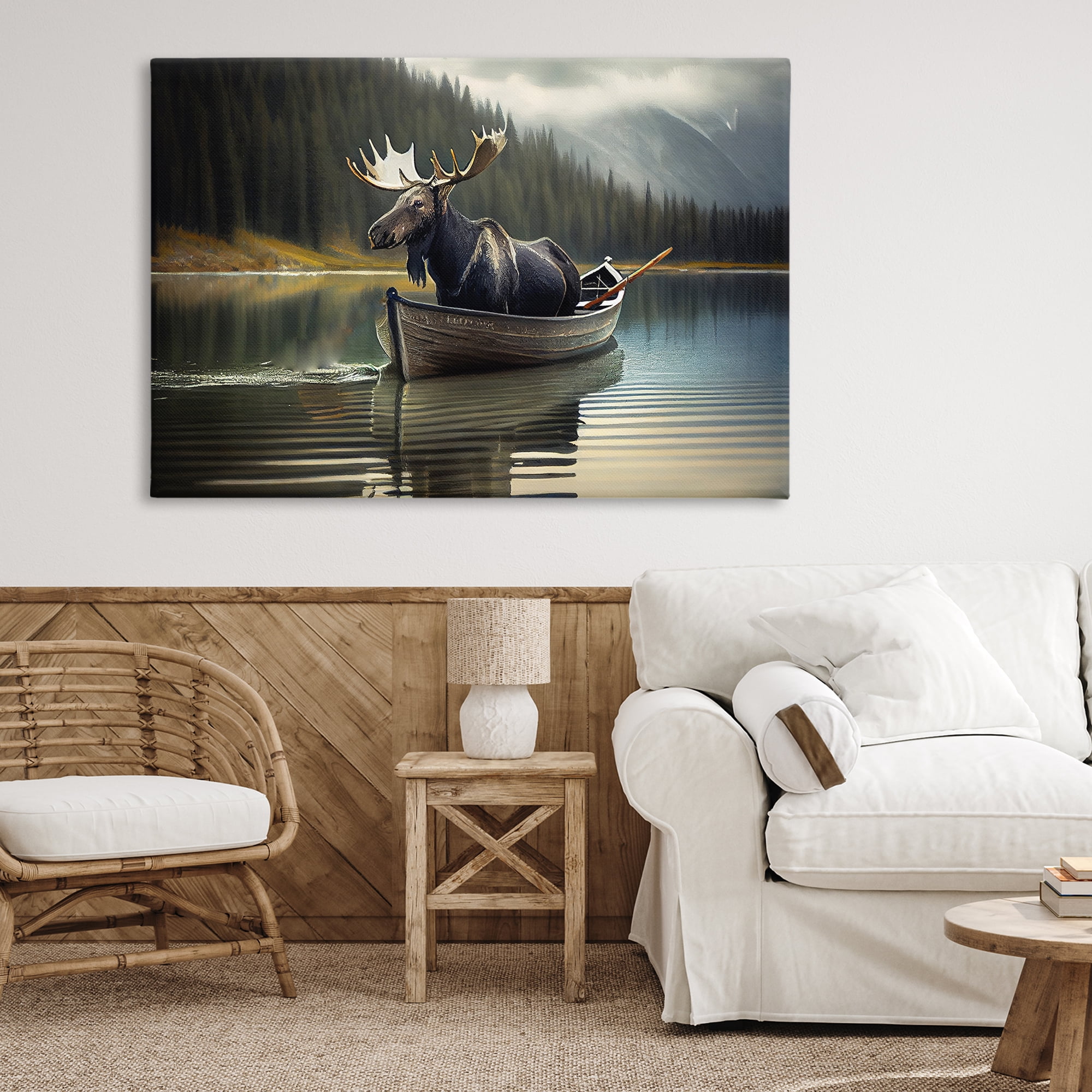 Moose in Canoe Tranquility Canvas Wall Art, design by Sasha