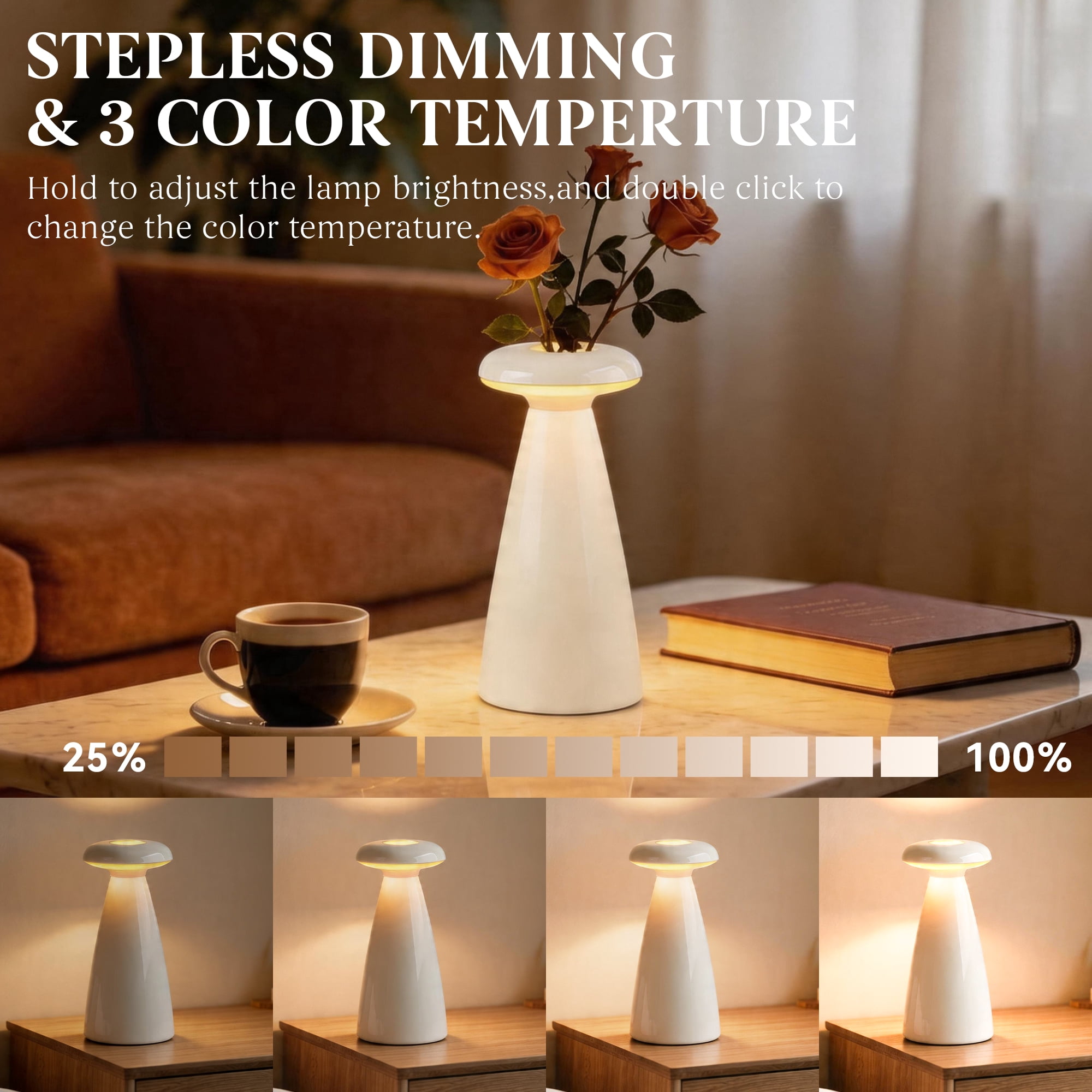 DAYBETTER 2-in-1 Ceramic Table Lamp, Stepless Dimming & 3000K LED Bedside Lamp, Modern Vase Lamp for Bedroom, Nightstand & Desk Decor, Best Gifts for family and Friends