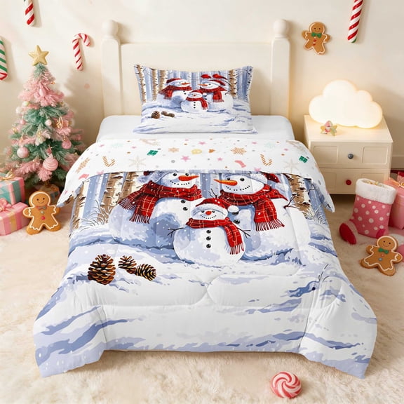 Manfei Snowman Twin Comforter Sets Snow Bedding Set, Blue White 2-Pieces 1 Comforter and 1 Pillowcase, Xmas Reversible