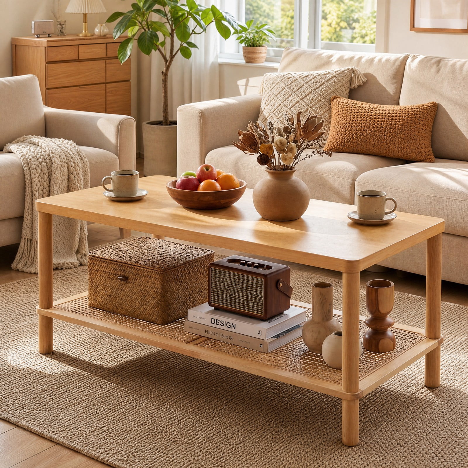 Furnibear 2 Tier Boho Rectangular Coffee Table with Rubber Wood Frame and Faux Rattan Open Storage Shelf for Living Room Home Office, Natural