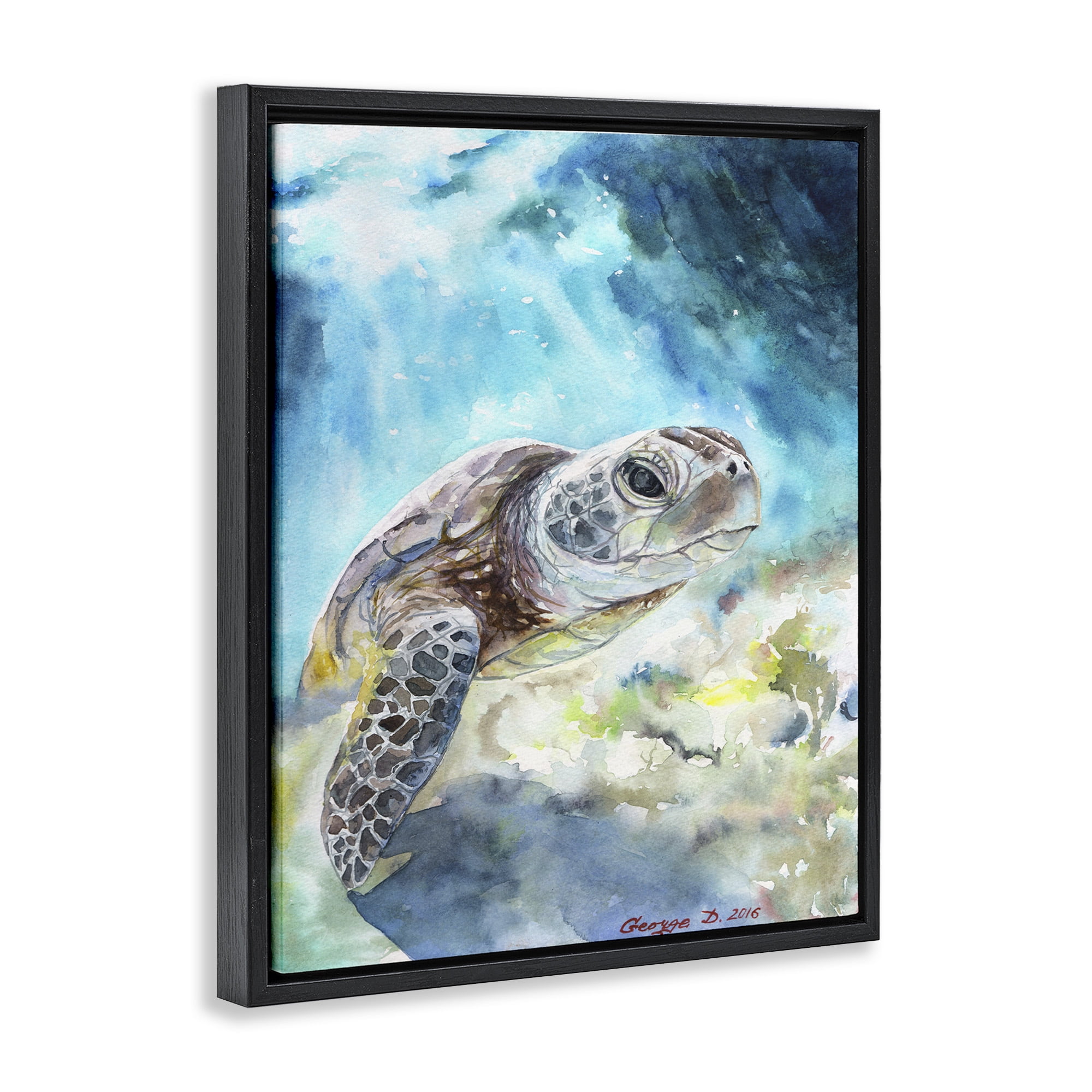 Stupell Industries Sea Turtle Ocean Watercolor Animals & Insects Painting Black Floater Framed Canvas Art Print Wall Art, 17 x 21