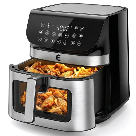 9.5 Qt Air Fryer Oven, 12-in-1 Digital Air Fryer Toaster Oven Combo with Touchscreen, Stainless Steel Interior, Viewing Window, XL Basket, Black