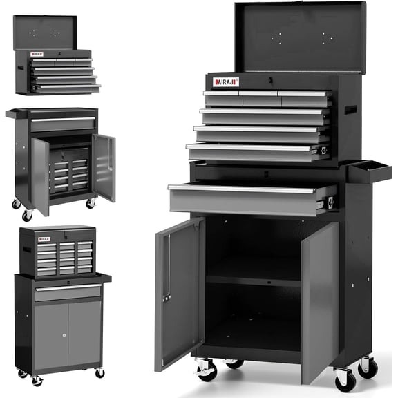 AIRAJ Sleek Black 7-Drawer Rolling Tool Box with Wheels, Modern Garage Storage Organizer