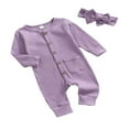 thumbnail image 2 of 2Pcs Baby Girls Outfit Solid Color Single-breasted Long Sleeve Romper with Pocket Headband Fall Outfits Set, 2 of 6