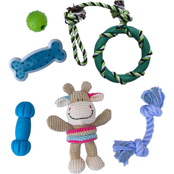 rocket & rex Dog Chew Toy Set for Small to Medium Breeds, Includes All Natural Rubber, Cotton, Ball & Rope Toys, Ideal Puppy Chew Toys for Teething, Reduces Destructive Chewing & Anxiety (Pack of 6)