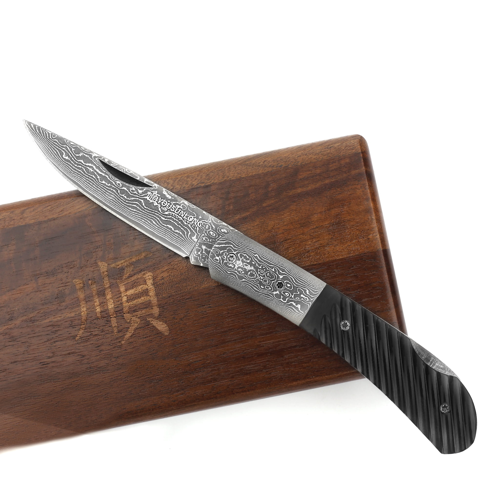 YOUSUNLONG Folding Knife - Camping Knife Overall 175mm Japanese Damascus Steel Buffalo Horn Handle
