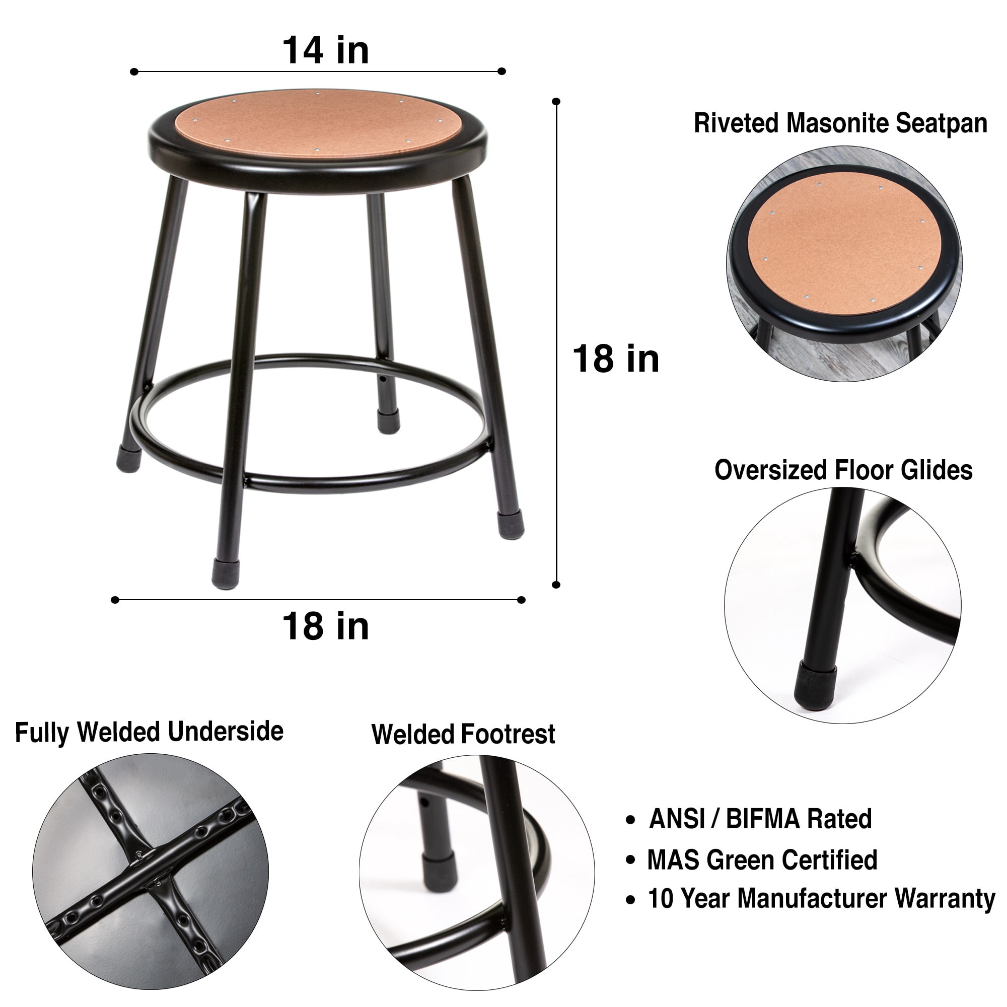 Hampden Furnishings Flynn Collection 18" Masonite/Steel Science Stools, Black, Pack of 2