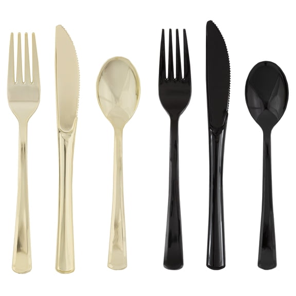 Disposable Metallic Plastic Cutlery Set, Black and Gold, 24 Count, Graduation by Way To Celebrate