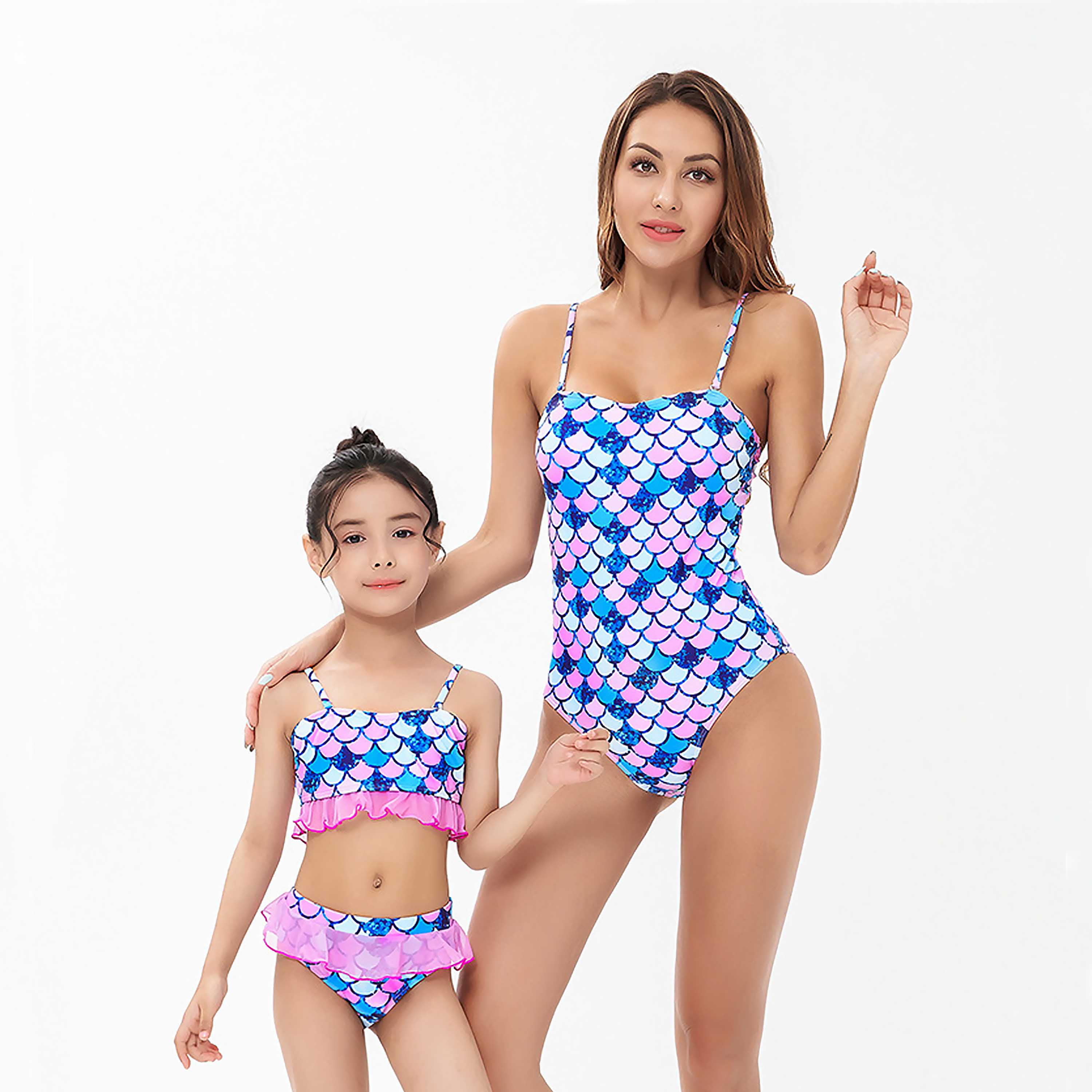 2Pcs Mommy and Me Matching Family Swimsuit Ruffle Women Swimwear Kids Children Toddler Bikini Bathing Suit Beachwear Sets 