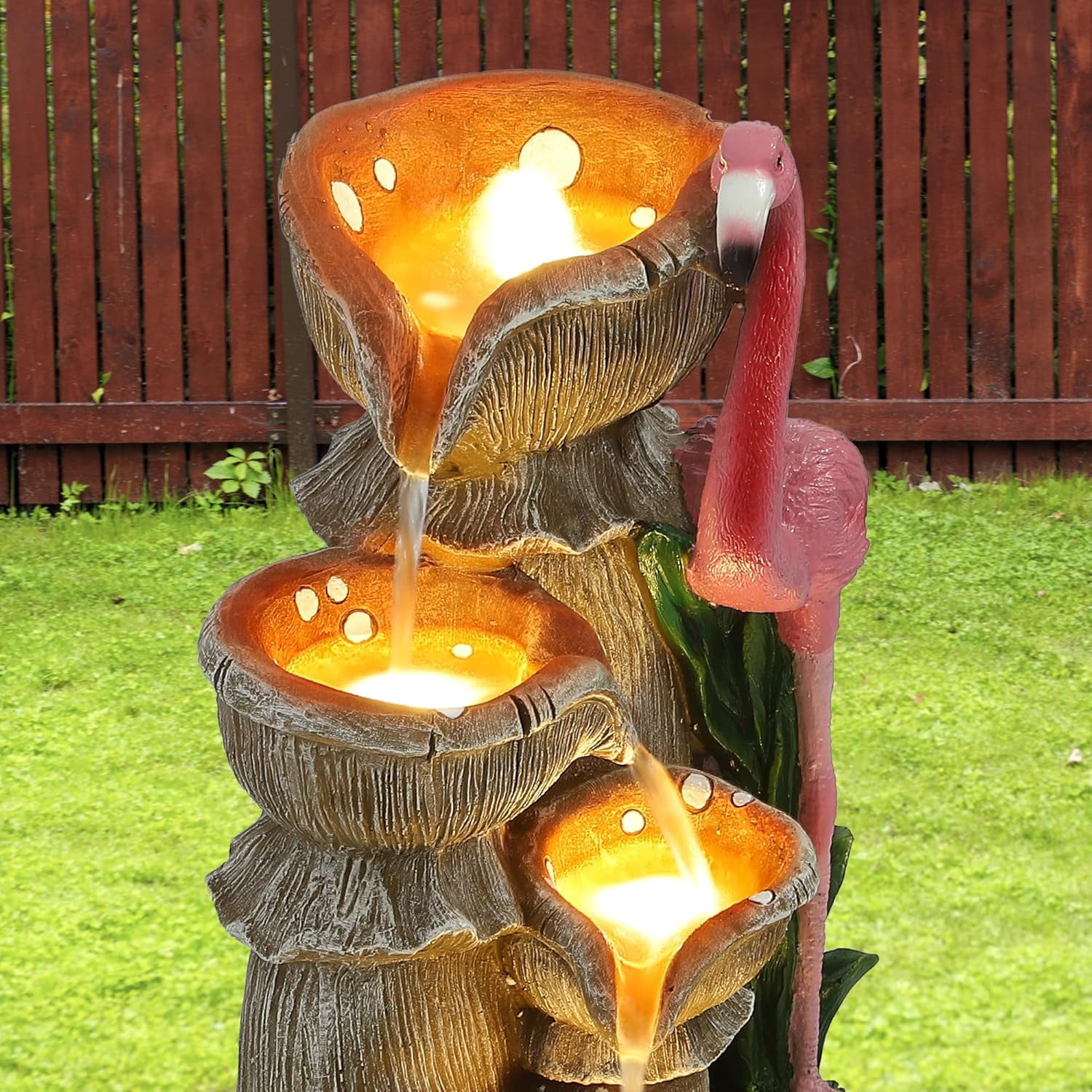 5 Tier Outdoor Garden Water Fountain, 25" H Waterfall Fountain with 5 LED Lights and Pump, Floor Standing Cascading Resin Fountains for Indoor and Patio Garden, Modern Flamingo Fountains, Pink