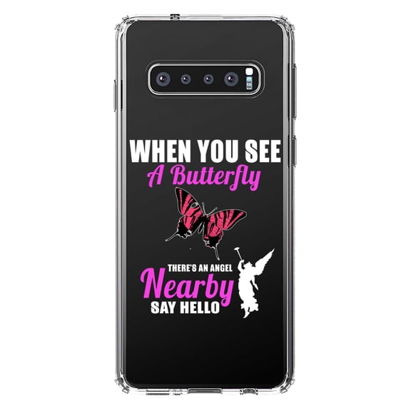 DistinctInk Clear Shockproof Hybrid Case for Samsung Galaxy S10 (6.1" Screen) - TPU Bumper Acrylic Back Tempered Glass Screen Protector - See Butterfly, Angel is Nearby