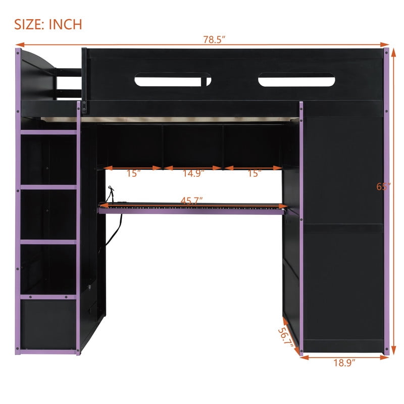 Full Size Wooden Loft Bed with Desk, Wardrobe and Storage Shelves, Gaming Loft Bed Frame with RGB LED Light, USB Charging Port and Built-In Workstation for Bedroom