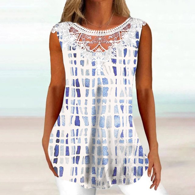 ICHUANYI Clearance Women Fashion Summer Sexy Fold Printed Regular Lace Sleeveless V Neck Button Top(Navy, M) ICHUANYI WER2023080703415