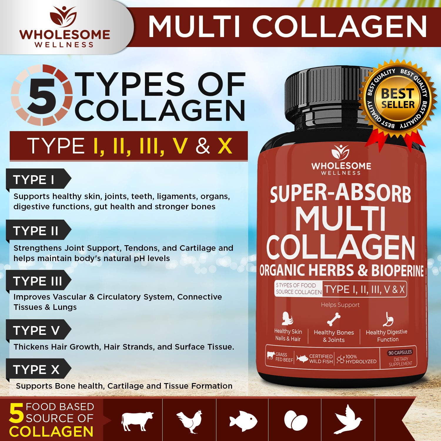 Multi Collagen Pills (Type I II III V X)and Bioperine -  Hair, Skin, Nails, Joints - Collagen Peptides Protein Supplement for Women Men