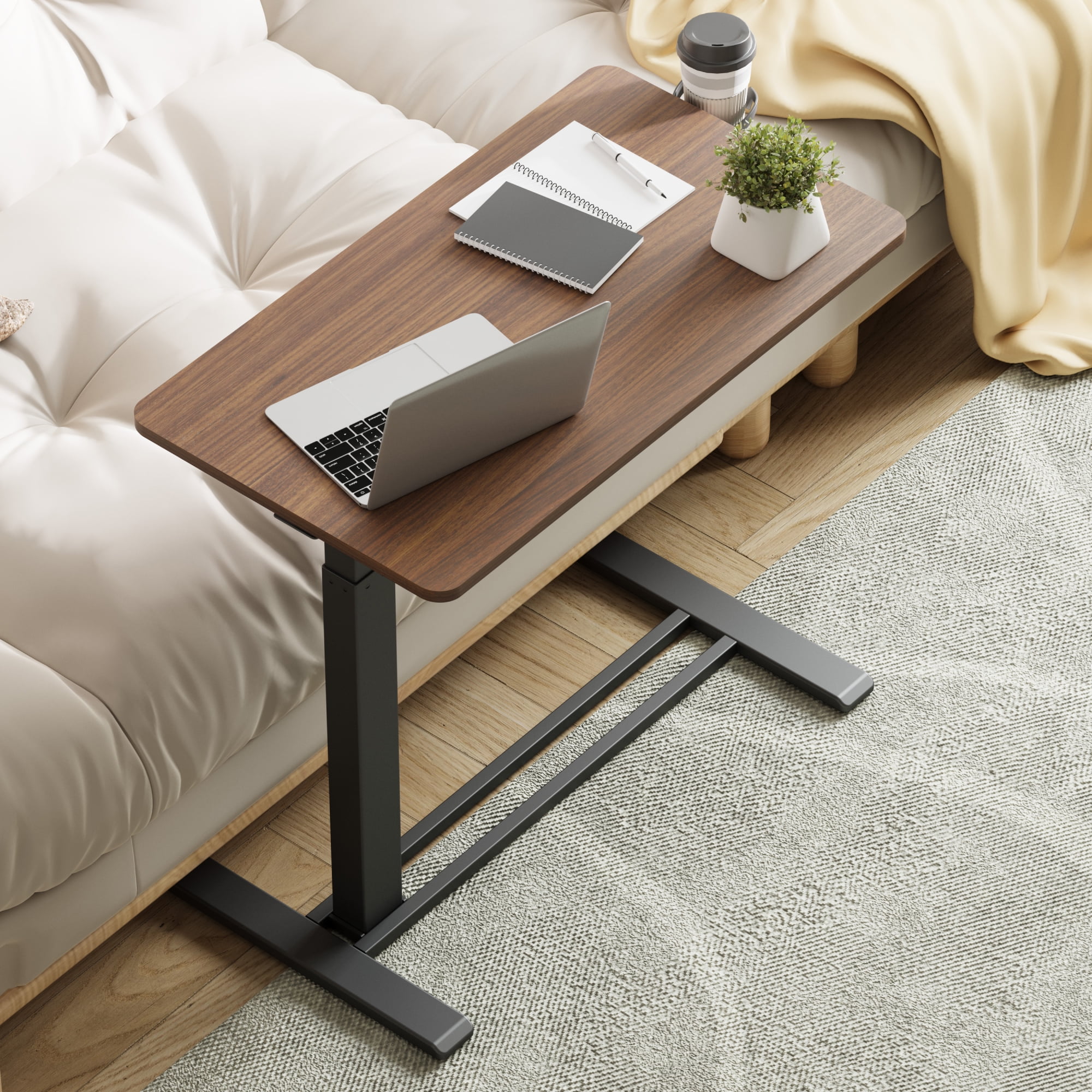 FitStand Adjustable Overbed Table with Wheels Laptop Table Standing Computer Desk Portable Stand-up Work Station Cart Tray Side Table for Sofa and Bed
