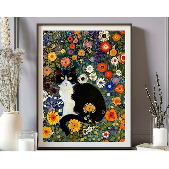 Gustav Klimt Garden Cat Print, Klimt Museum Poster, Klimt Flowers Cat Poster, Black Cat Art, Floral Print, Cat Lover Gift, Home Decor Poster Wall Art, Modern Wall Decor, 8x12 UNFRAMED