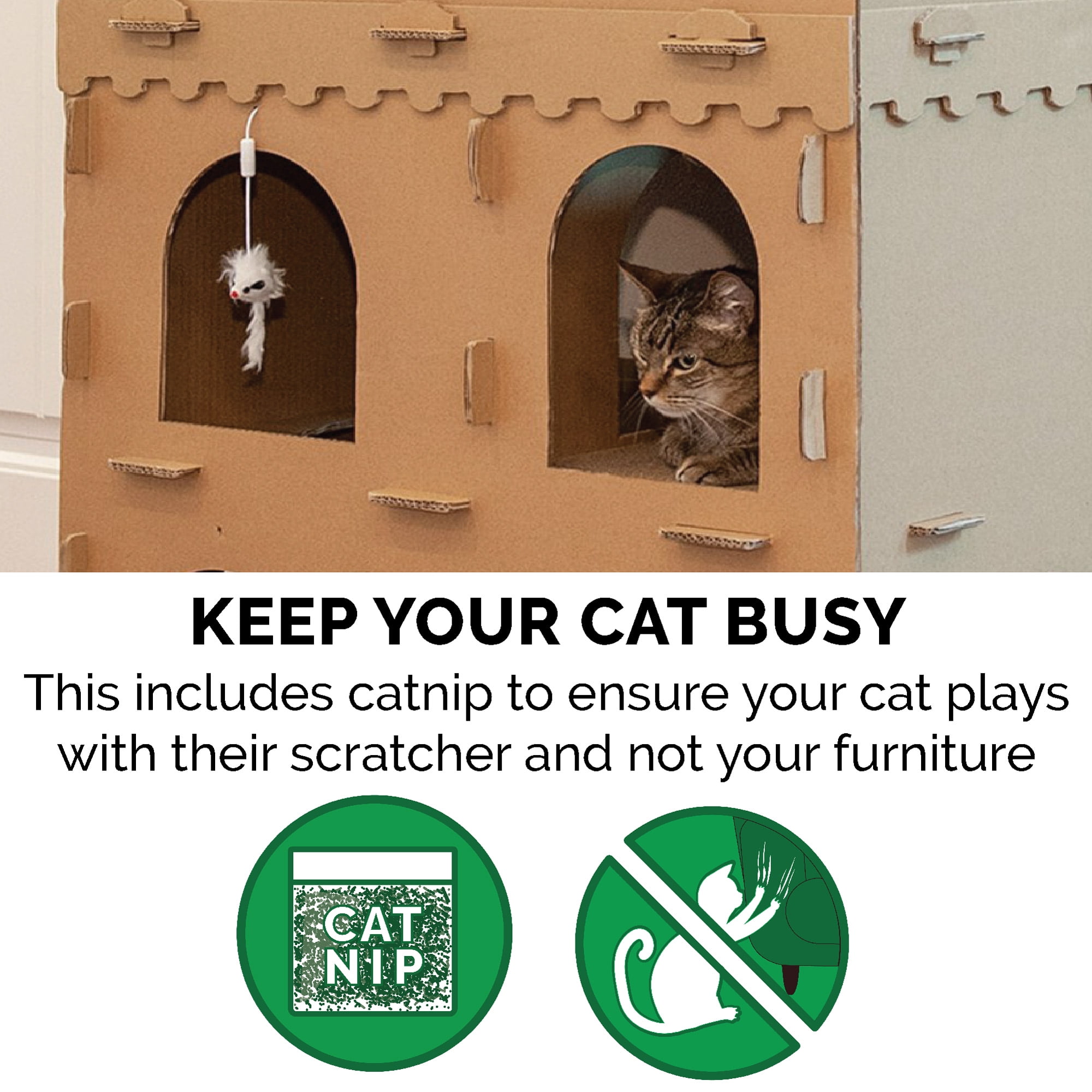 FurHaven Tiger Tough Gingerbread Scratcher House with Hanging Toy & Catnip, 1 Count