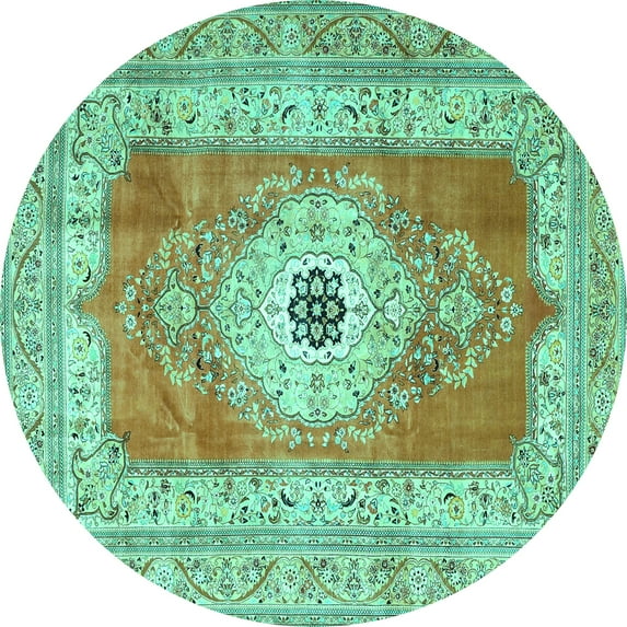 Ahgly Company Machine Washable Indoor Round Persian Turquoise Blue Traditional Area Rugs, 4' Round