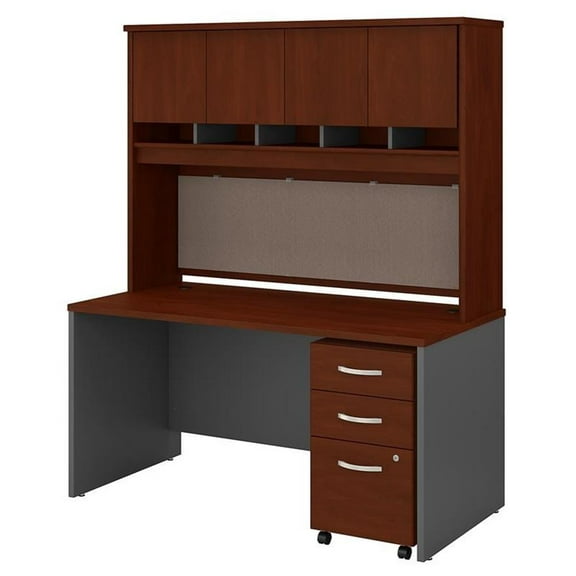Pemberly Row 60W Desk with Hutch and Drawers in Hansen Cherry - Engineered Wood