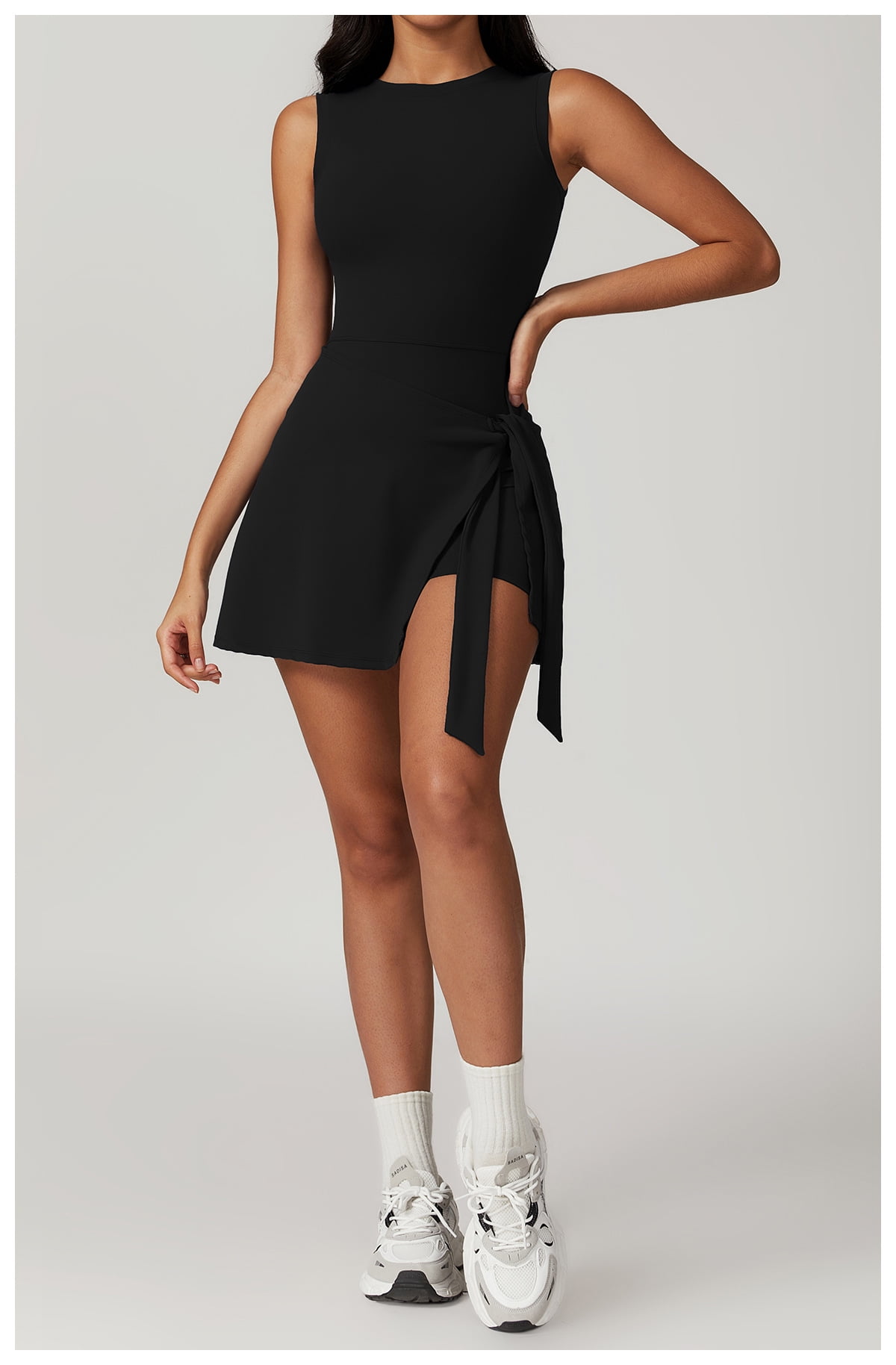 PISONIC Womens High Neck Tennis Dress Sleeveless Wrap Skirt Built in Shorts Golf Athletic Dress Workout Rompers