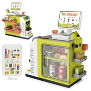 Richgv Upgraded Cash Register Toy for 3 Years Old Kids, 46 Pieces Pretend Play Money, Calculator, Scanner, Credit Cards, Play Food Toy Set for Toddlers Boys Girls, Green