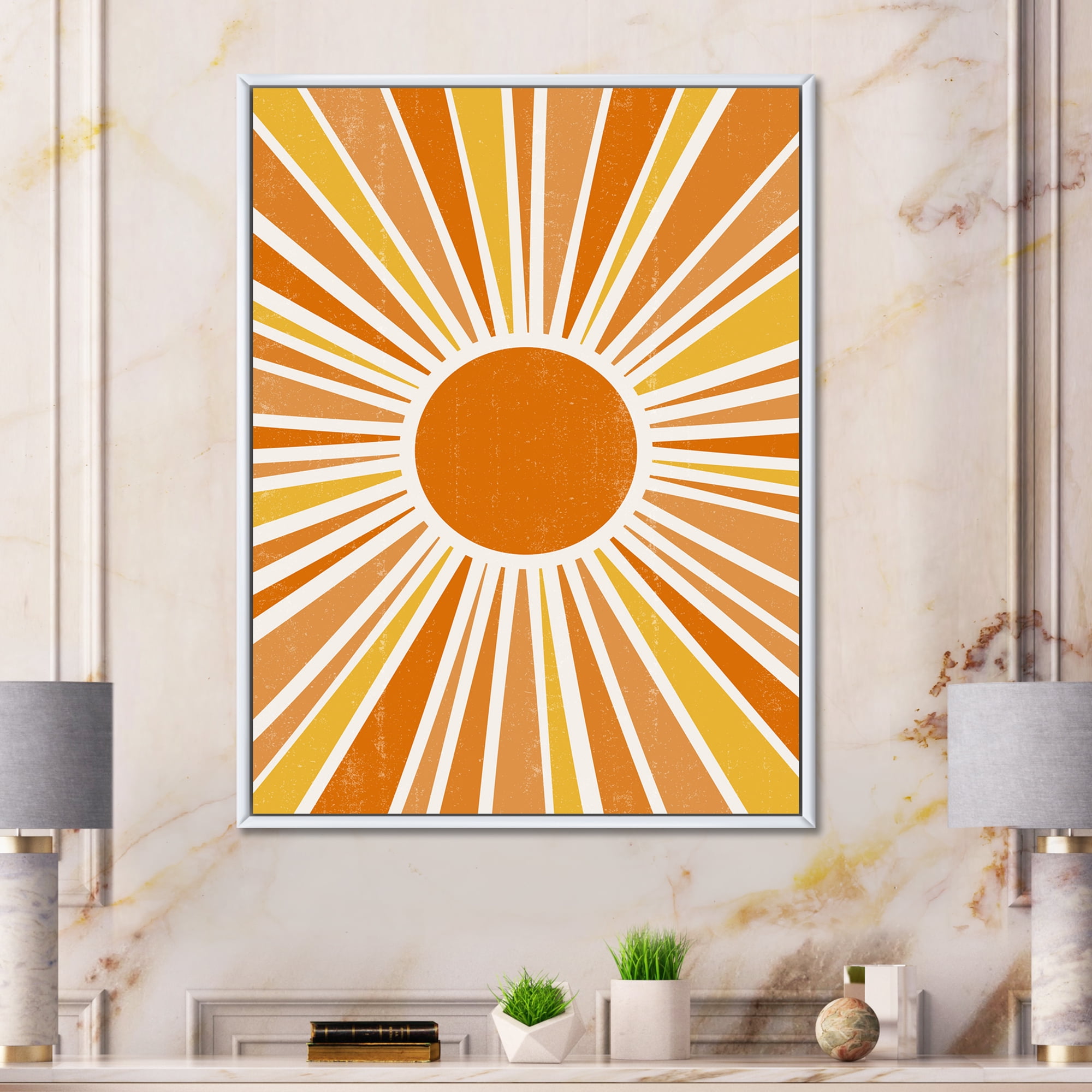 Designart 'Minimal Bright Shining Orange Sun Rays I' Modern Framed Canvas Wall Art Print