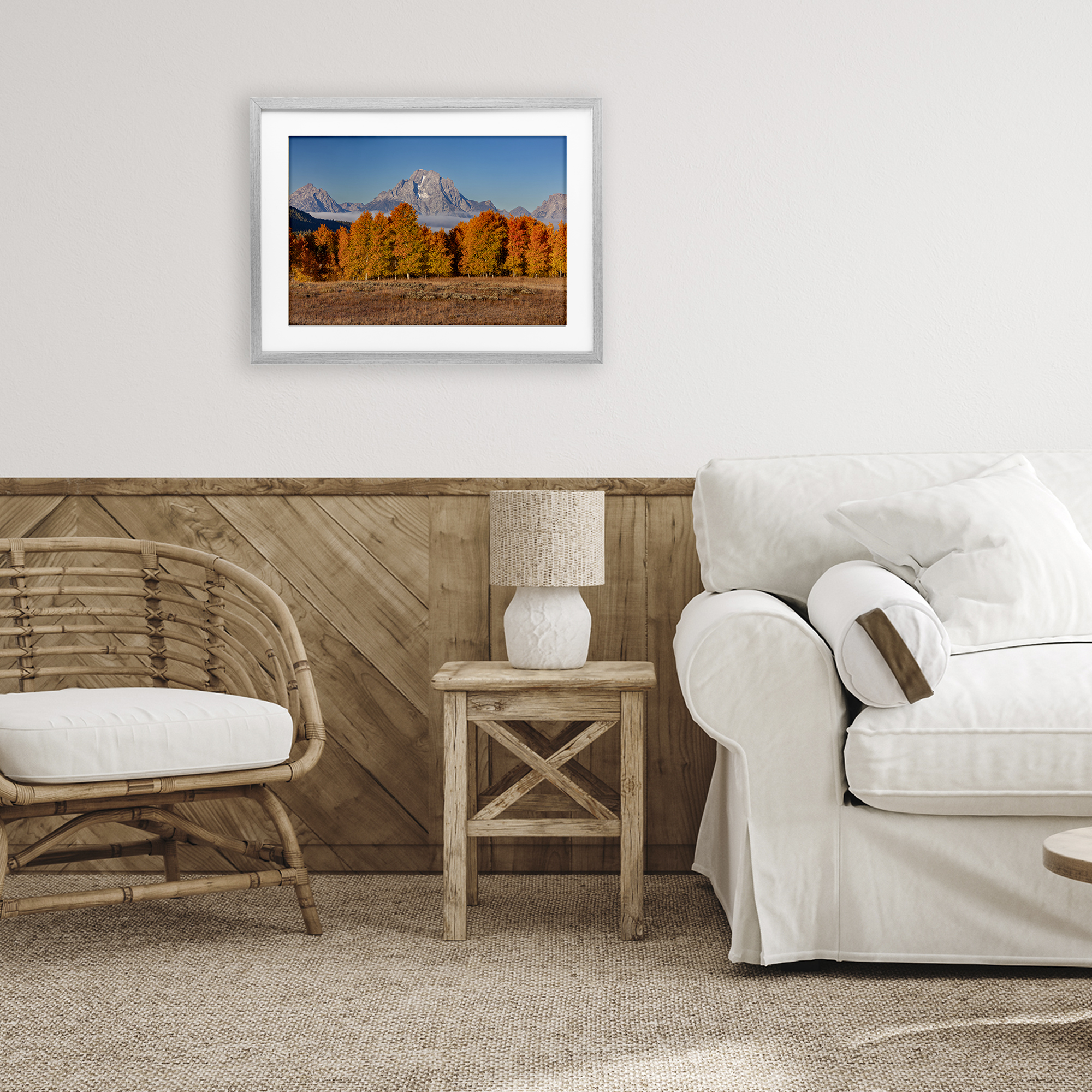 Autumn Tree Line With Mountain Gray Framed Print Under Glass, design by Shelley Carlisle