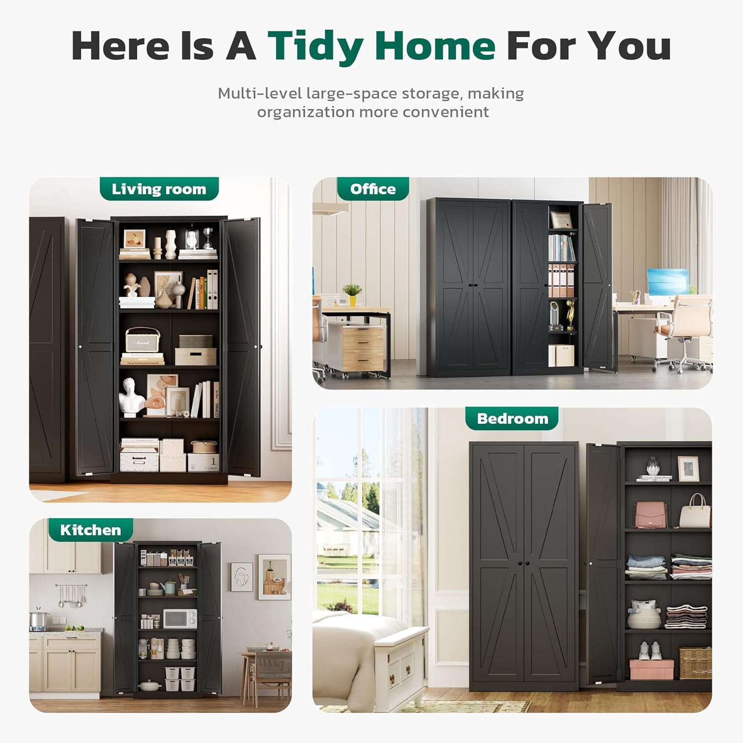 SOLAURA 63" H Farmhouse Metal Kitchen Pantry Cabinet, Pantry Storage Cabinets with 2 Barn Doors and 4 Adjustable Shelves for Kitchen, Living Room, Bedroom, Dining Room, Home(Black)