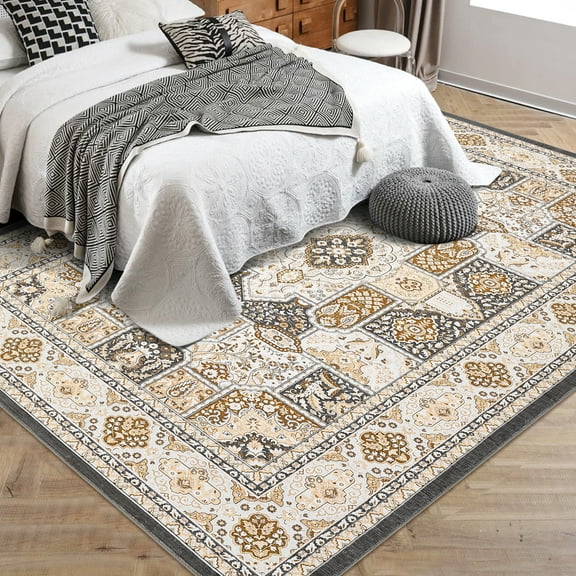 RONSHIN Area Rugs Washable Carpets 1150Gsm 100% Polyester 350Gsm Velvet Pearl Velvet Washed Back Folding Printed Carpet Persian-Xiangyin Camel yellow 10*13ft