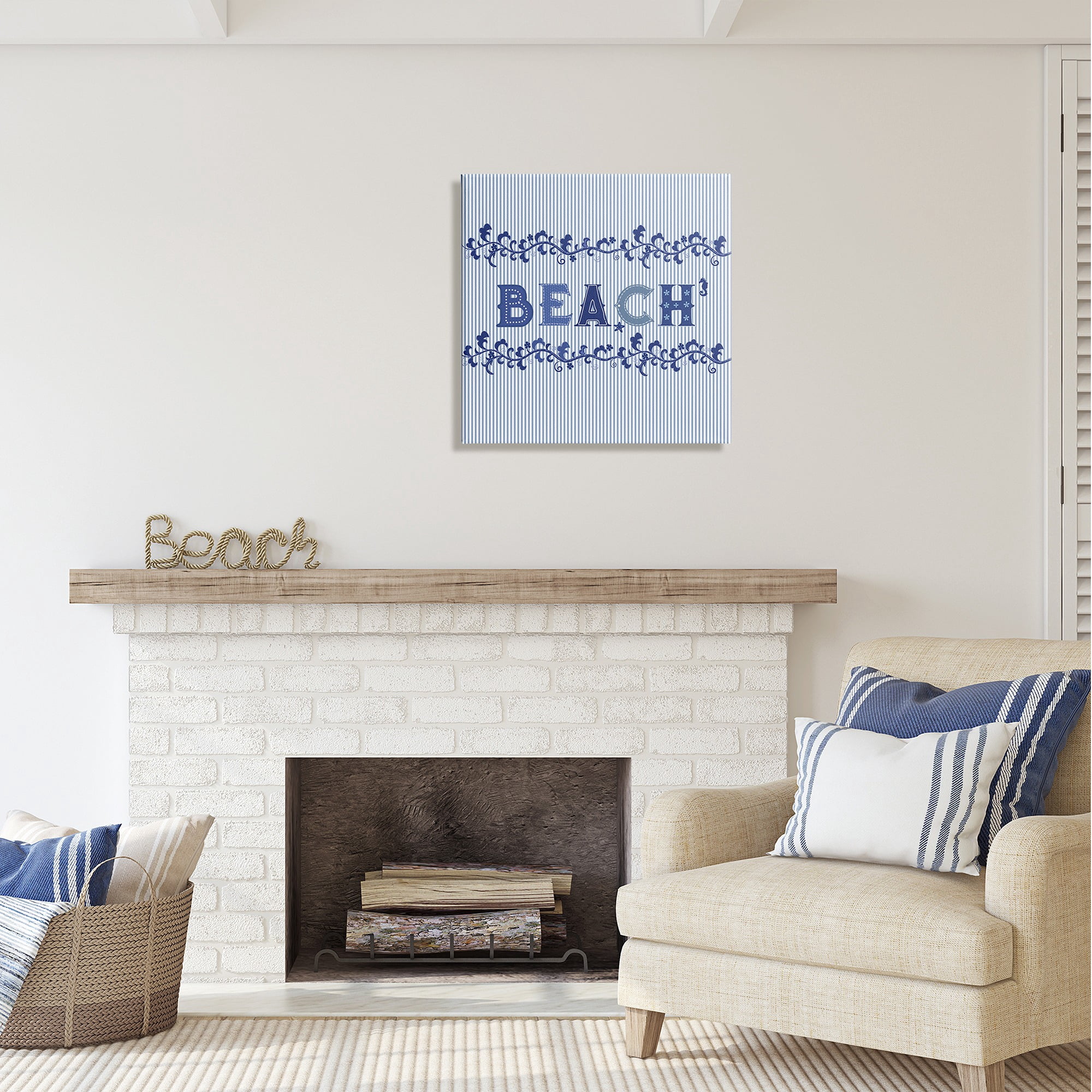 Stupell Industries Striped Beach Letters Botanical & Floral Painting Gallery Wrapped Canvas Art Print Wall Art, 24 x 24