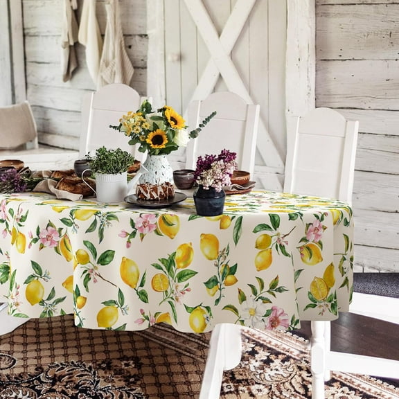 Oval Lemon Tablecloth 54x72inch, Lemon floral yellow Country Farmhouse Spring Summer Waterproof Wrinkle Resistant Washable Tablecloth for Indoor and Outdoor, Holiday Kitchen Restaurant and Party