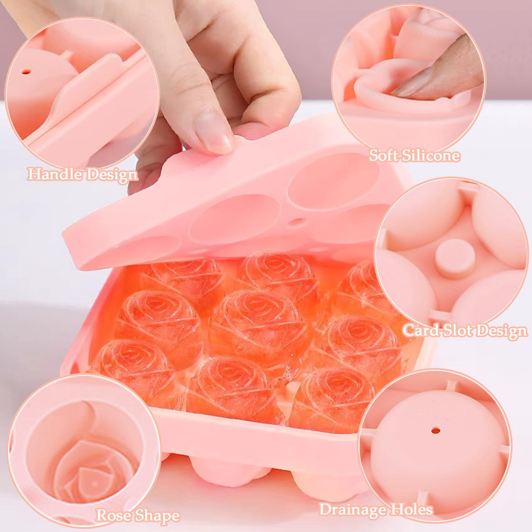 4 Pcs Silicone Rose Ice Cube Mold with Covers Fun Shapes Flower Ice Cube Mold Trays Maker 9 Cavity Easy Release Form for Whiskey Bourbon Cocktails Wine Coffee Juices and More