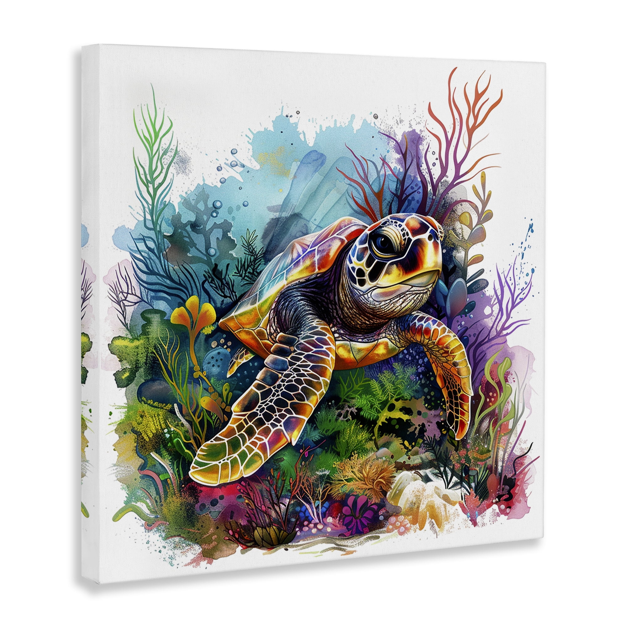 Stupell Industries Coral & Sea Life Turtle Animals Painting Wrapped Canvas Art Print Wall Art, 36 x 36