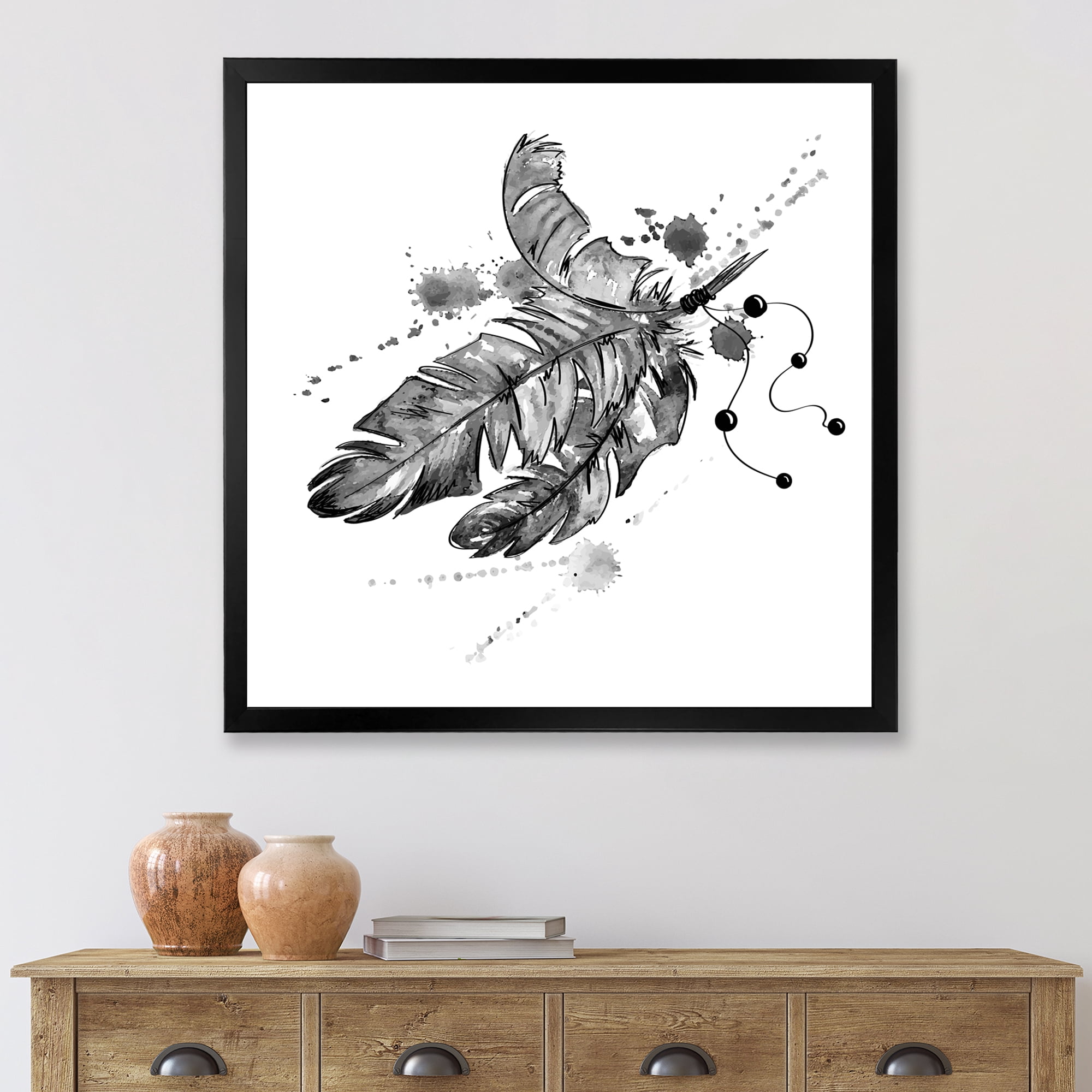 Designart 'Black and White Feathers Impression' Traditional Framed Art Print