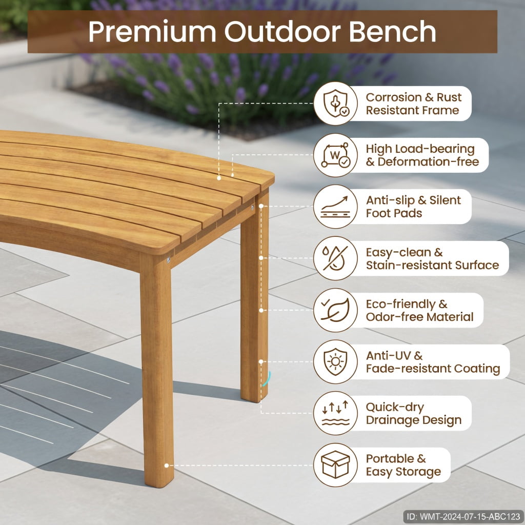 Hommoo Outdoor Acacia Wood Curved Bench Set of 4, Wooden Stools for Porch, Patio, Deck & Fire Pit Seating, Weather-Resistant Backless Garden Benches, Natural