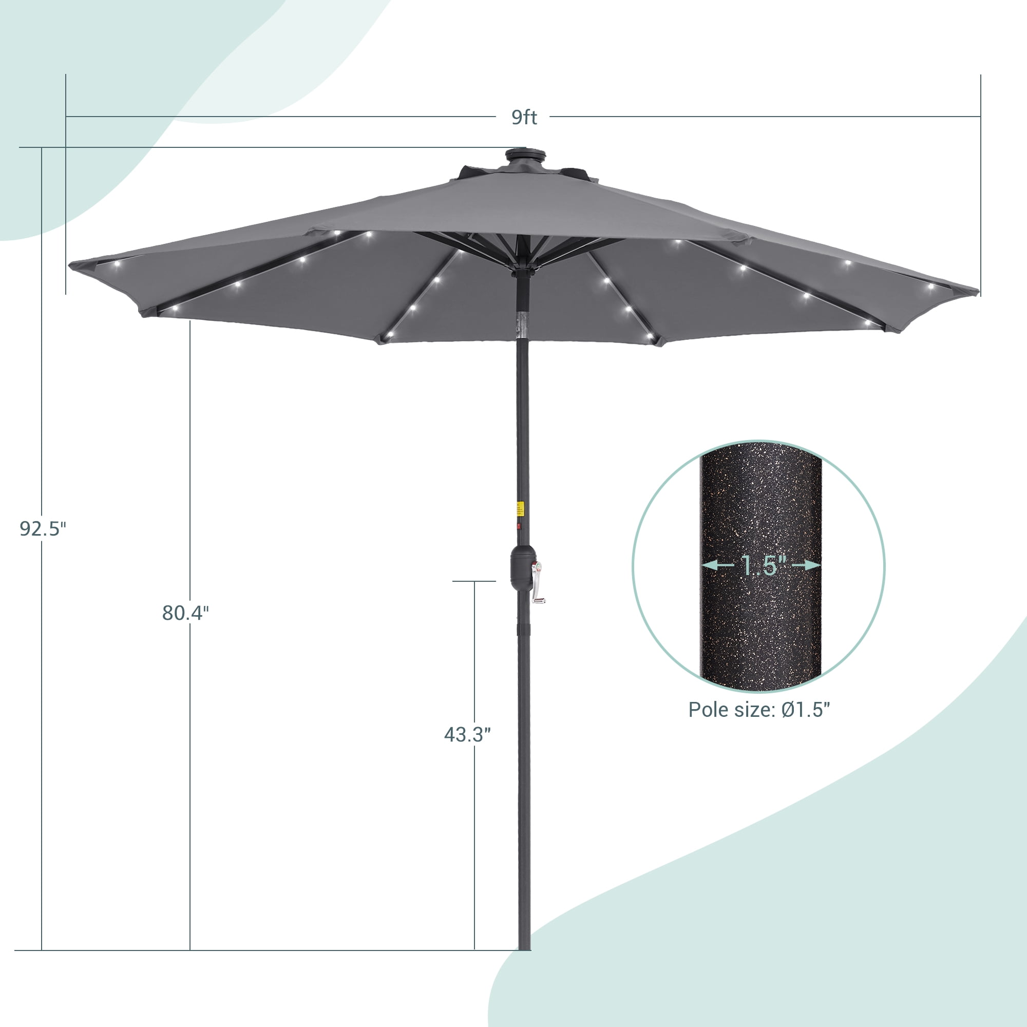 CHYVARY 9ft LED Round Patio Umbrella Outdoor Table Umbrella for Deck, Poolside and Garden, Cold Gray