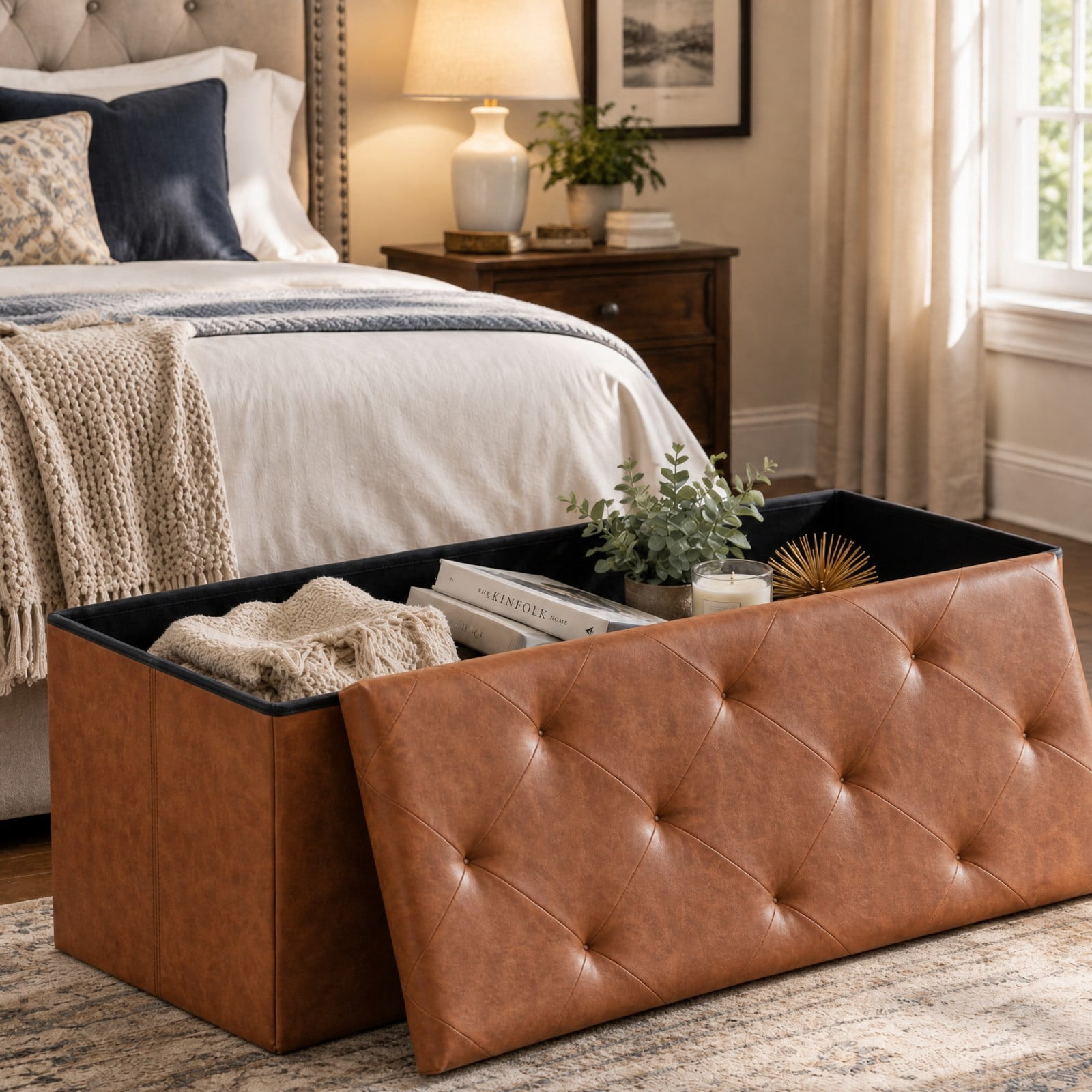 Telyra 43" Foldable Storage Ottoman Bench Faux Leather Footrest Stool with Foam Padded Seat, Brown