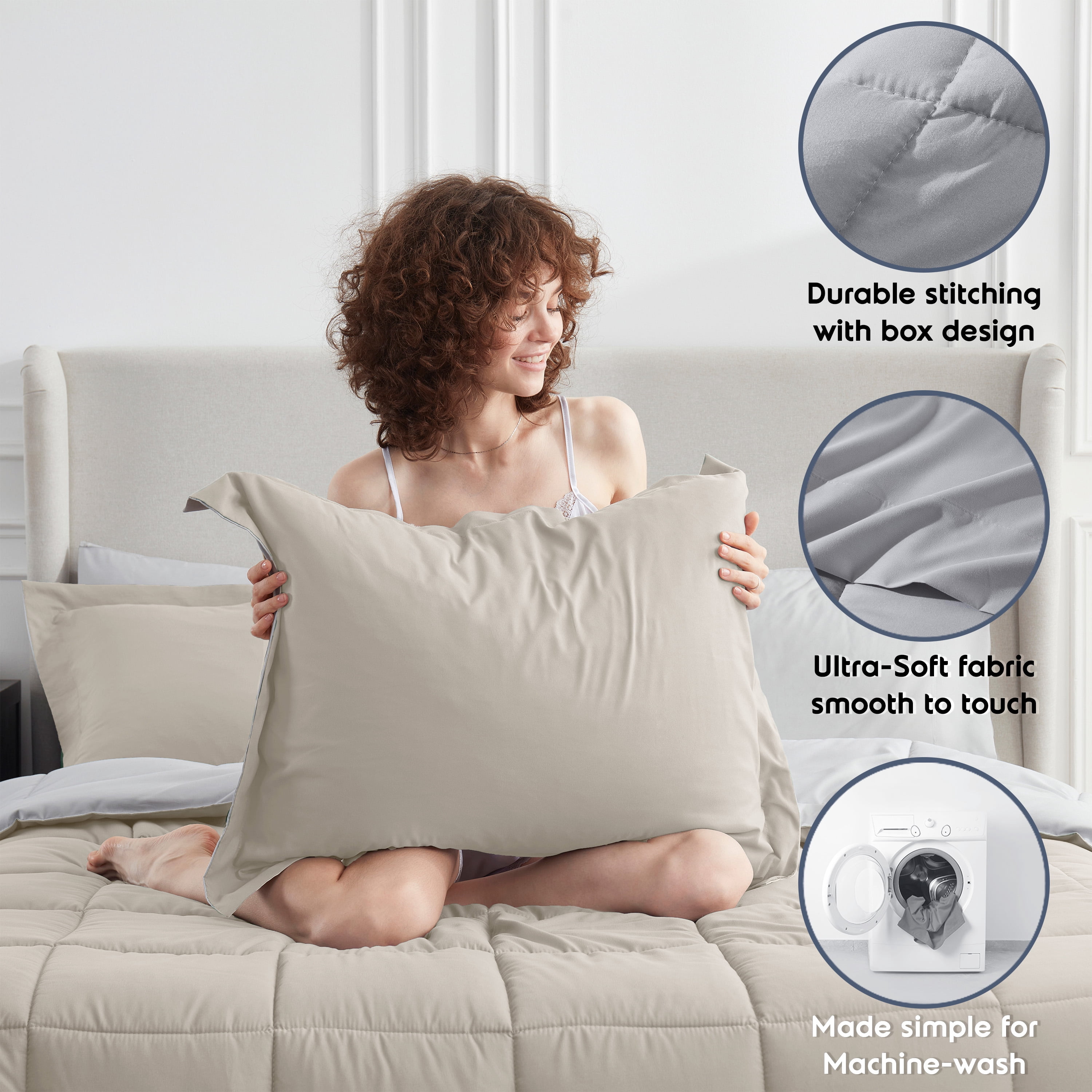 LammaLoe King Comforter Set, With King Sheets, Reversible Bed In A Bag 7 Piece, Bedding Set, Beige