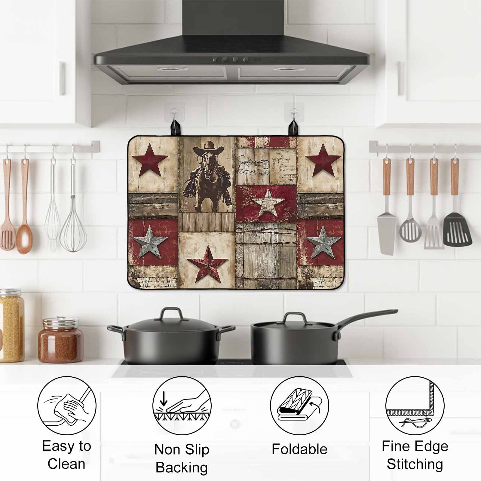 Texas Star Vintage Stove Top Cover for Electric Stove, Heat-proof & Non Slip Glass Top Stove Cover Protector, Western Cowboy Country Wooden Kitchen Flat Cooktop Rubber Mat 24x21 Inches