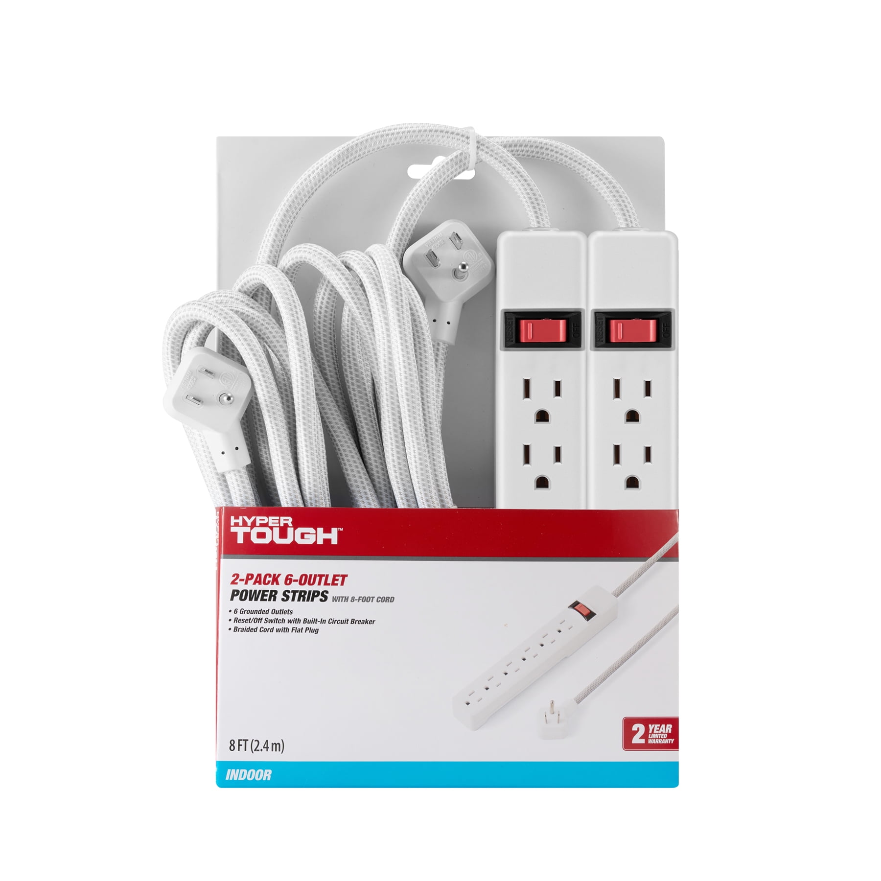 Hyper Tough 6-Outlet Indoor Power Strip, 8 ft Braided Extension Cord, ETL Certified, White, 2-Pack