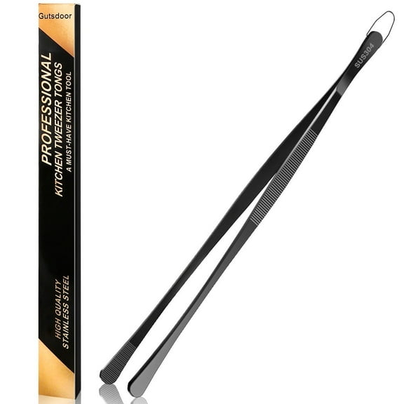 Gutsdoor Kitchen Tweezer Tongs 12-Inch Cooking Tweezers Stainless Steel, Food Tongs Chef Tweezers for Cooking, Pasta, BBQ, Baking (Black 12 Inch Wide-Tipped)