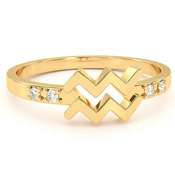 Aquarius Zodiac Sign Diamond Ring In Solid 14k Yellow Gold
